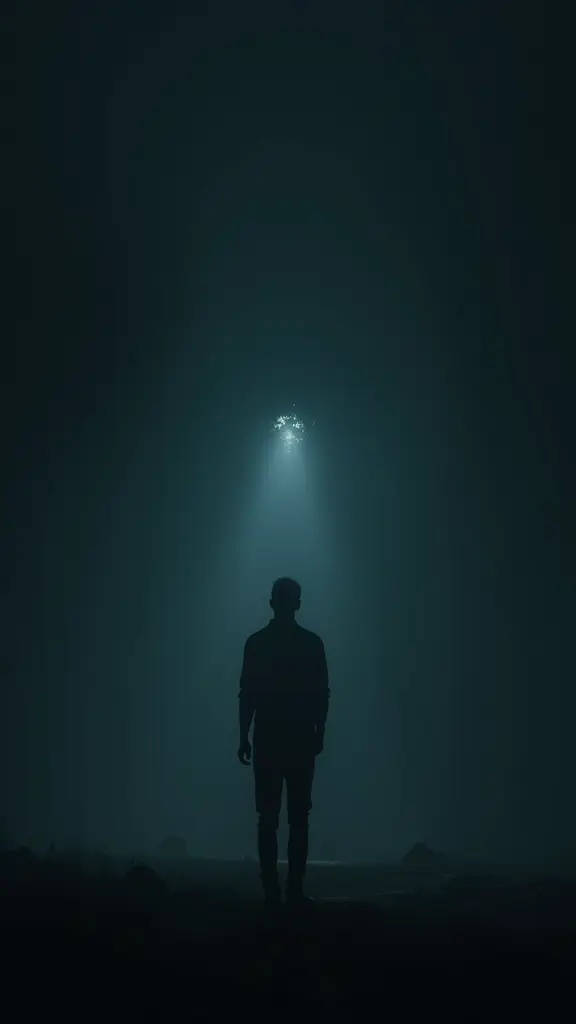 رجل يقف وسط ظلام دامس أمامه امرأة تضيء بنور خافت يشعر أن وجودها هو النور الوحيد في حياته وكل ما حولهما يغرق في الظلمة