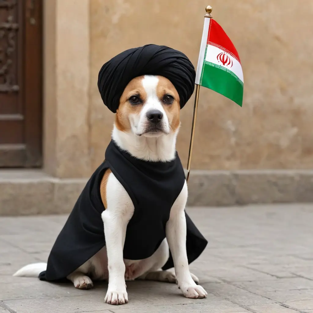 كلب مرتدي عمامه سوداء ولباس اسود وحامل على ذيله علم ايران وحامل هاتف جوال