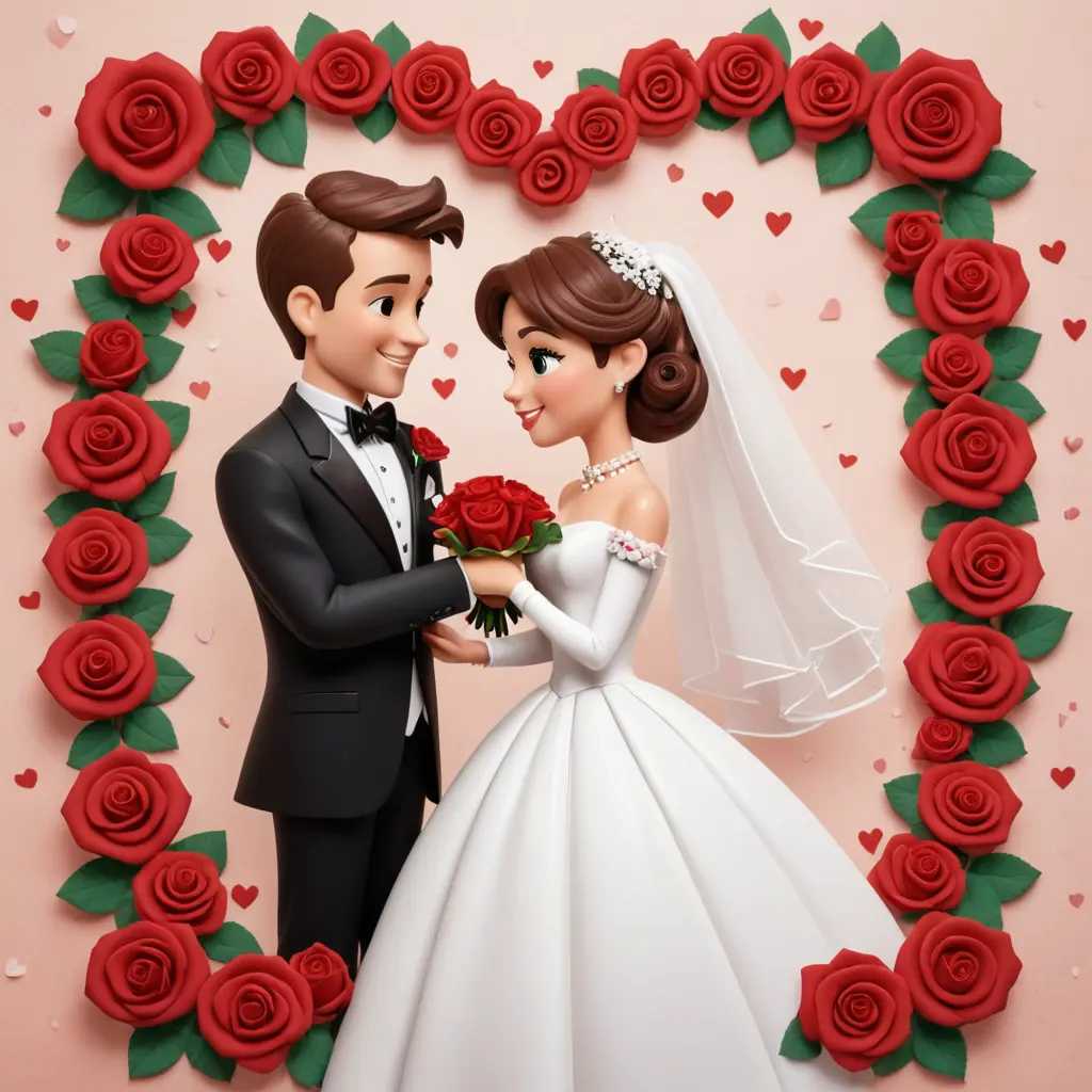 صوره عيد زواج عريس وعروسه بالكرتون بيحبوا بعض وحولينهم قلوب وورد