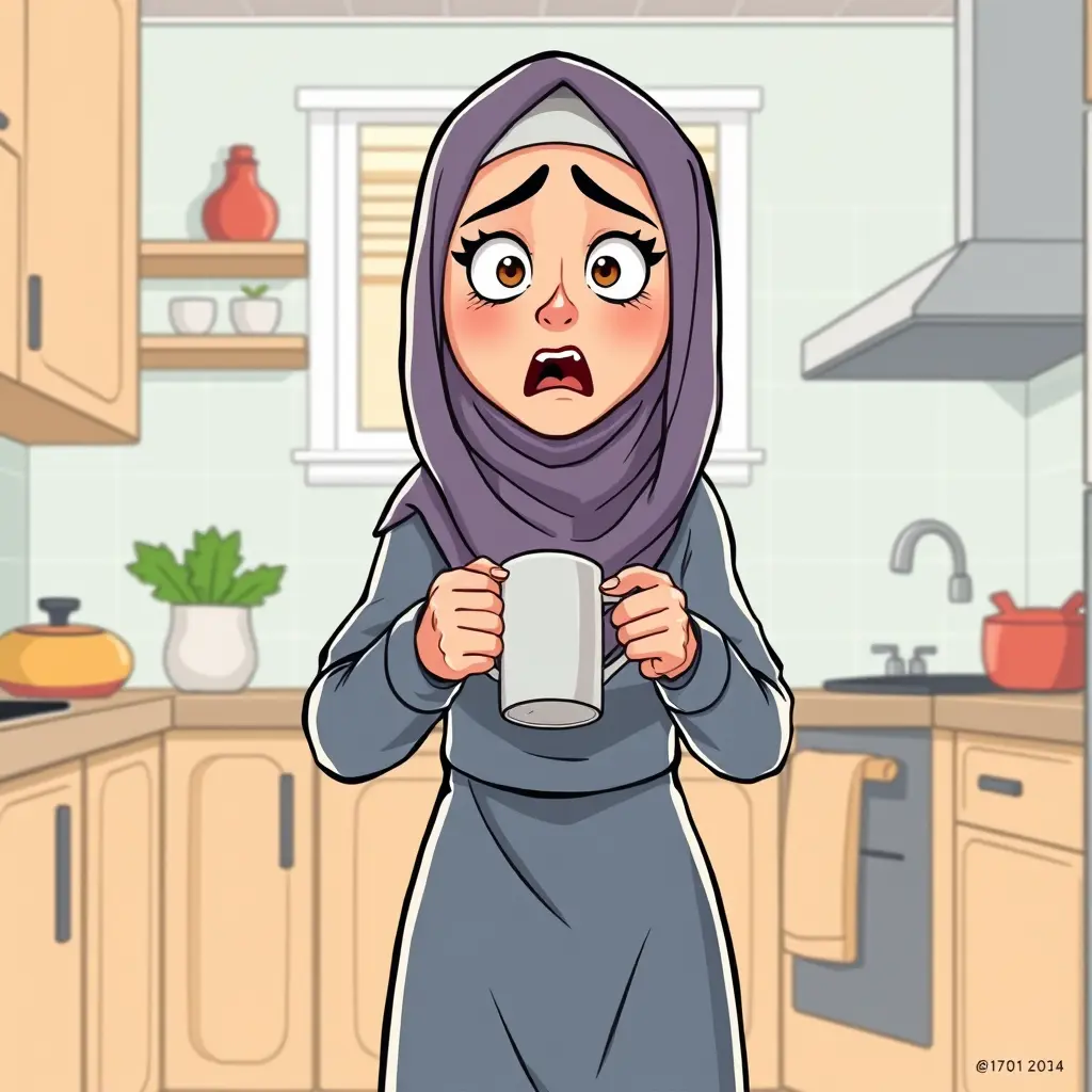 صورة كرتونية لامرأة ثلاثينية مرعوبة في وسط المطبخ تلبس جلبابا وحجابا وفي يدها مج متجه للسقوط