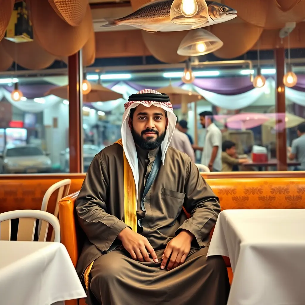 اريد ان تنشأ لي صورة لشخص يجلس في مطعم سمك ويرتدي زي عربي دشداشة وعقال وشماغ ويقول ترقبوا افتتاح اكبر مشروع لأبو جنة يوم 1/10.ماذا تتوقععون المشروع. اعملوا لايك وإعادة نشر للفيديو حتى يوصل ابو جنة ويربح المصمم شيكا موبايل. وخلي يتكلم باللهجه العراقيه