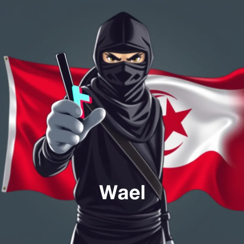 انشئ لي صوره لنينجا يحمل بيده التيك توك وراء علم تونس واضف الى الصوره اسم Wael