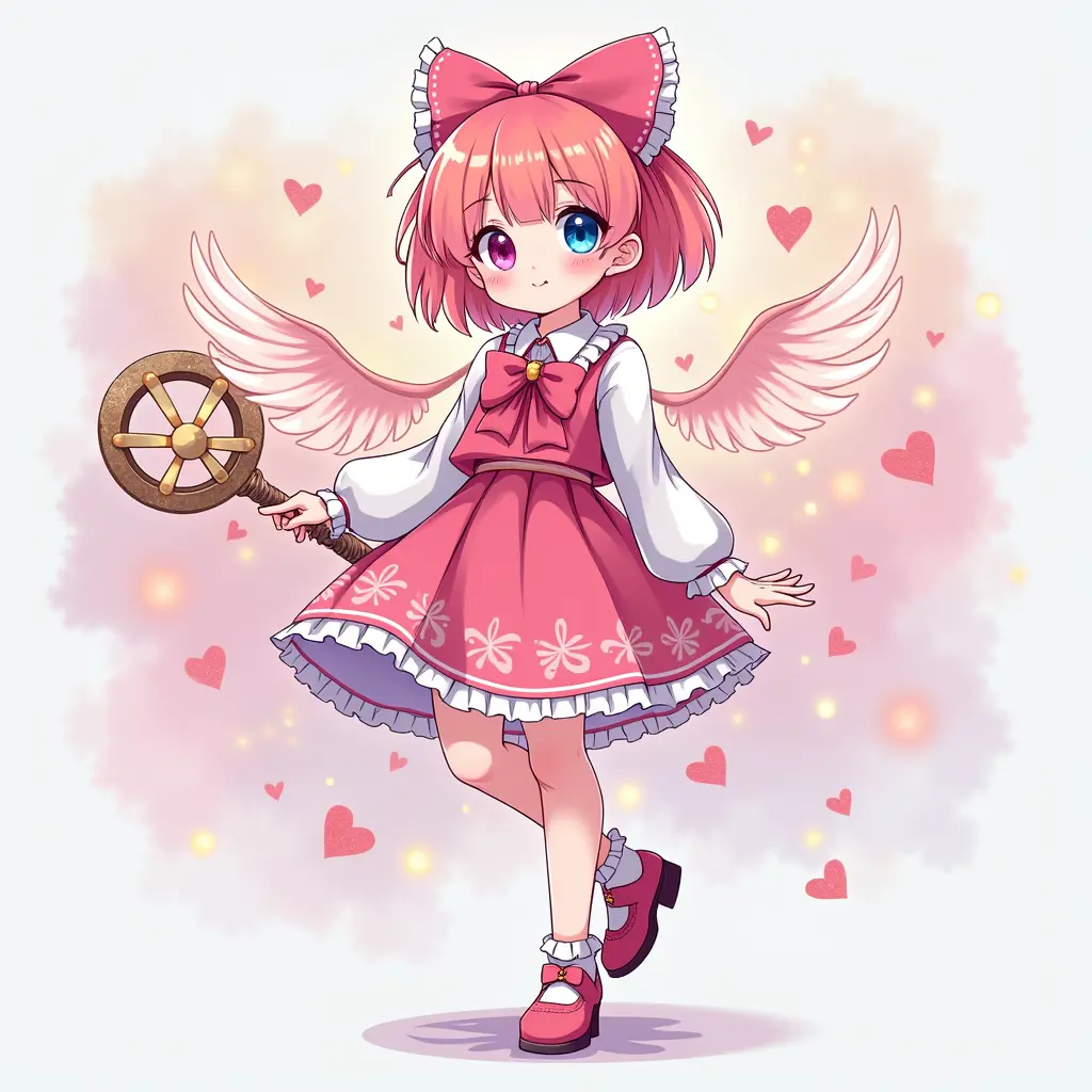 فتاة انمي جميلة شعرها وردي مائل الى البرتقالي ووجهها ابيض ولون احد عيناها وردي ولون العين الاخرى ازرق تمتلك قوة خارقة وموجودة في عالم خيالي جميل جدا ترتدي تنورة مع حذاء فيه اجنحة صغيرة وتمتلك ايضا عصاة سحرية لطيفة وهي فتاة لطيفة وجميلة جدا وشعرها ليس قصيرا جدا وتربطة ربطتين بواصطة فيونكة وردية