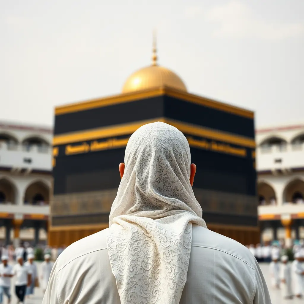اريدصورة  لرجل وجه مغطى بسلهام ابيض غير ظاهر  وجالس ويناظر كعبة بحيث صورة تكون من خلفه 