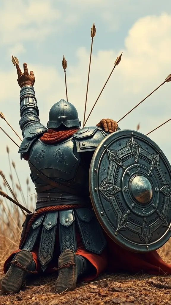 صورة محارب يرتدي زي من حديد ويحمل درع ويحمي فتاة من رماية السهام ويقوم بالجلوس جنبها ويحميها ويرفع يده والدرع بيده وتكون الصورة بزاويةمن الخلف والسهام قادمة في السماء