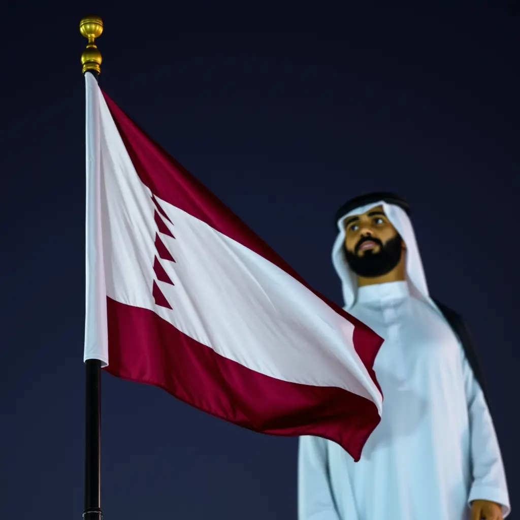 علم قطر بجانب الشيخ تميم