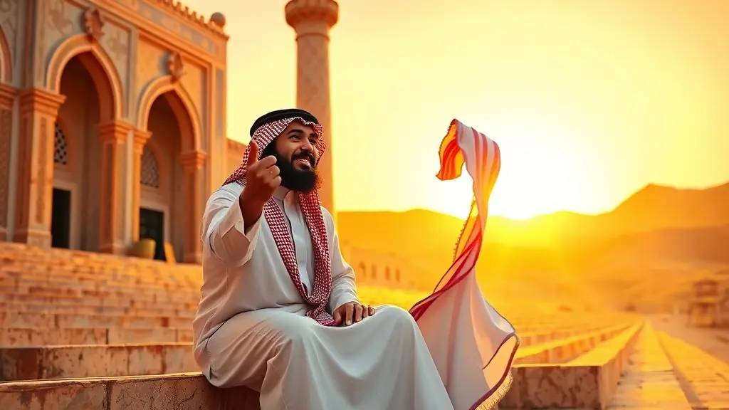 رجل سعودي يرتدي ثوبًا وغترةً تقليديين، يجلس على درجات مسجدٍ بديع الزخرفة في خميس مشيط. يمد يده اليمنى كأنه يمسك شيئًا، وعلامات الدهشة والفرح بادية على وجهه. المشهد عند غروب الشمس، يلقي ضوءًا ذهبيًا دافئًا على أحجار المسجد المتقنة والتلال المحيطة. التقط اللحظة بأسلوب رسم رقمي مُفصّل، مع التركيز على التركيز الدقيق والإضاءة الواقعية لإبراز مشاعر الرجل ومحيطه.