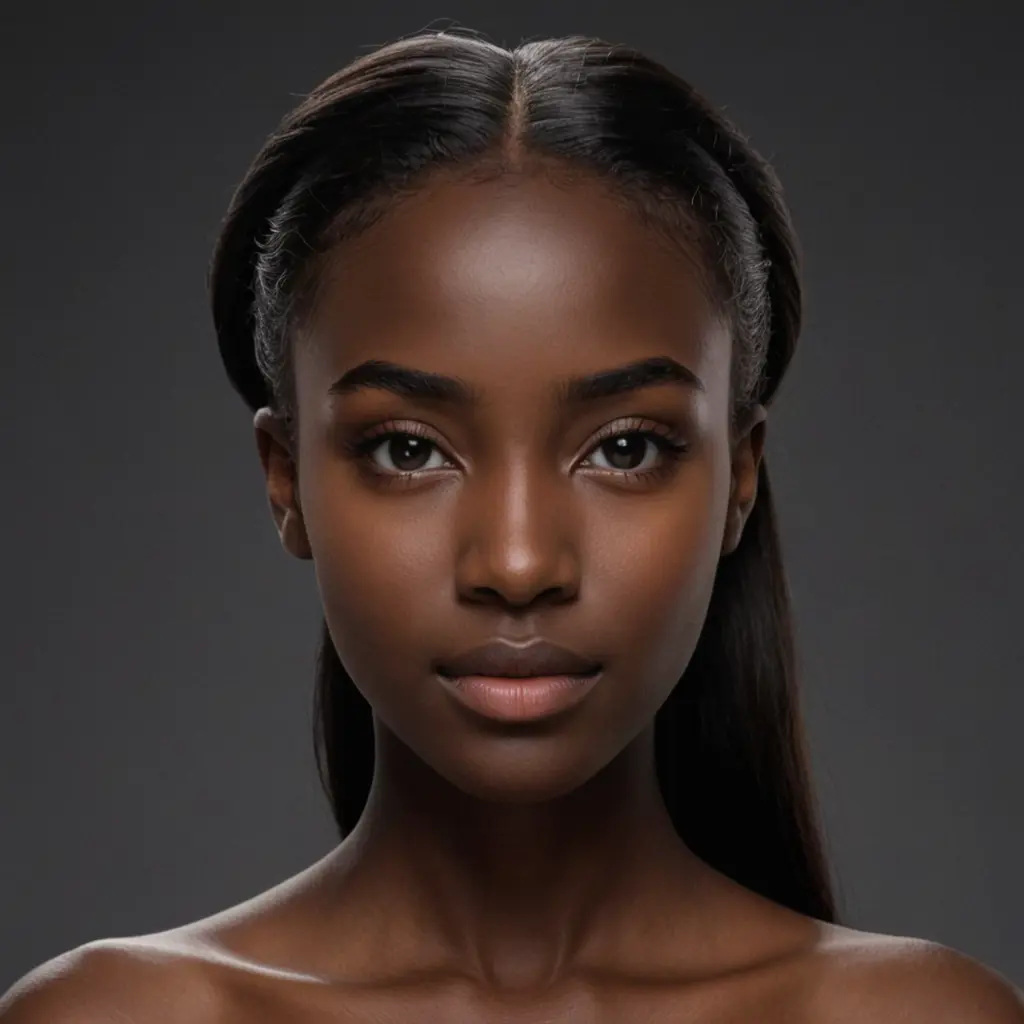 فتاة ذات بشرة سمراء و انف صغير و عنان كبيرتان و حاجبان متقاربان و عزيران