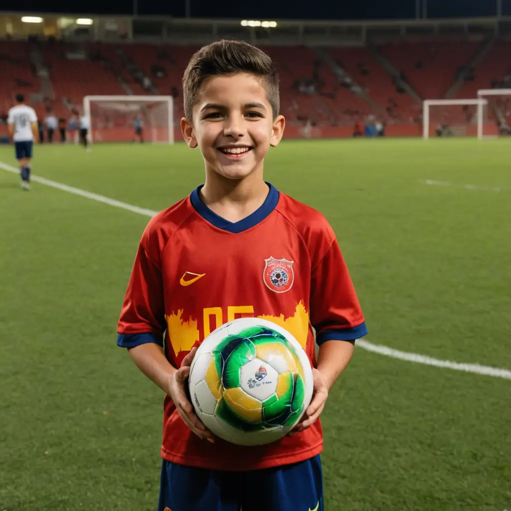 صورة طفل شاب يمسك الكرة ويغمز لنا وهو في ملعب كرة القدم واقفا والصورة مكتوب فيها WASSIM باللون الناري