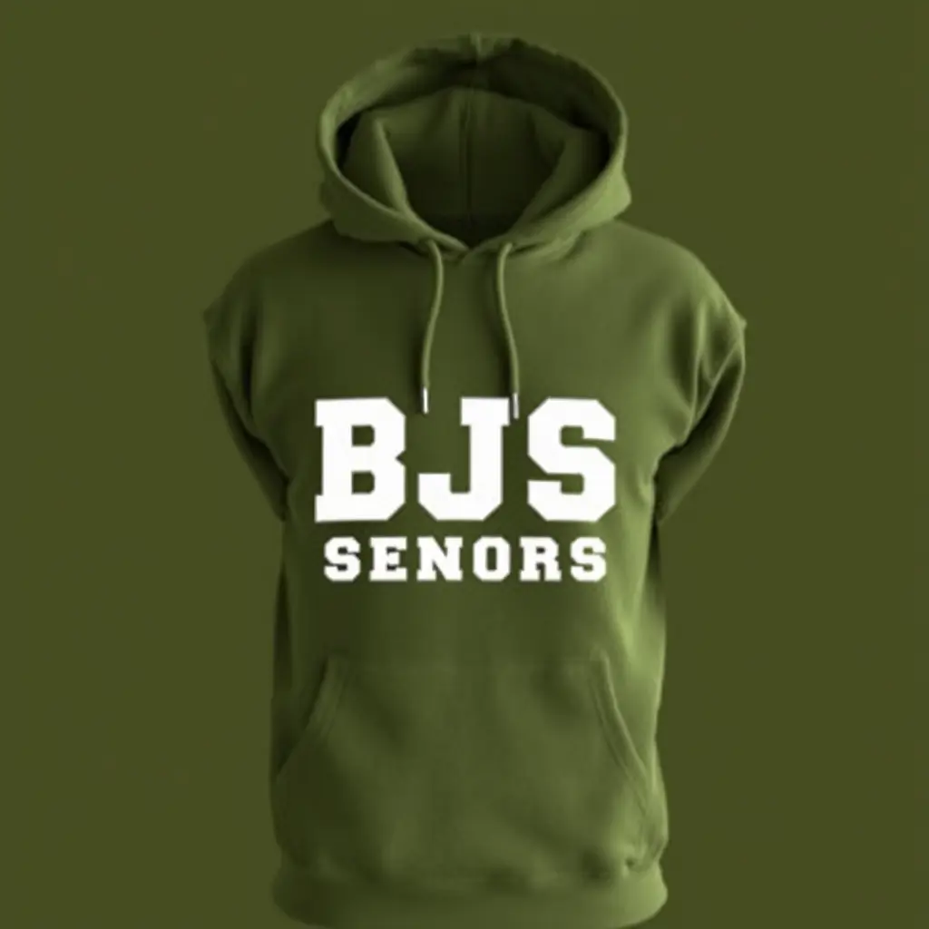 هودي لونها زيتي مكتوب في خلفيتها باللون الابيض (bjs seniors 2025)