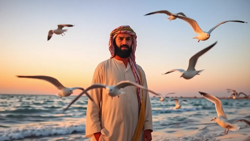 رجل بالزي اليمني التقليدي يقف عند شاطئ البحر وقت الغروب و امامه طيور النورس نطير
