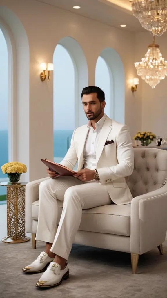اريد شخصية عربيه حاكيه قصص ب بدلة رسميه بيضاء في غرفه المعيشه في بيت حديث وجالس على كرسي والاضاءة خافته