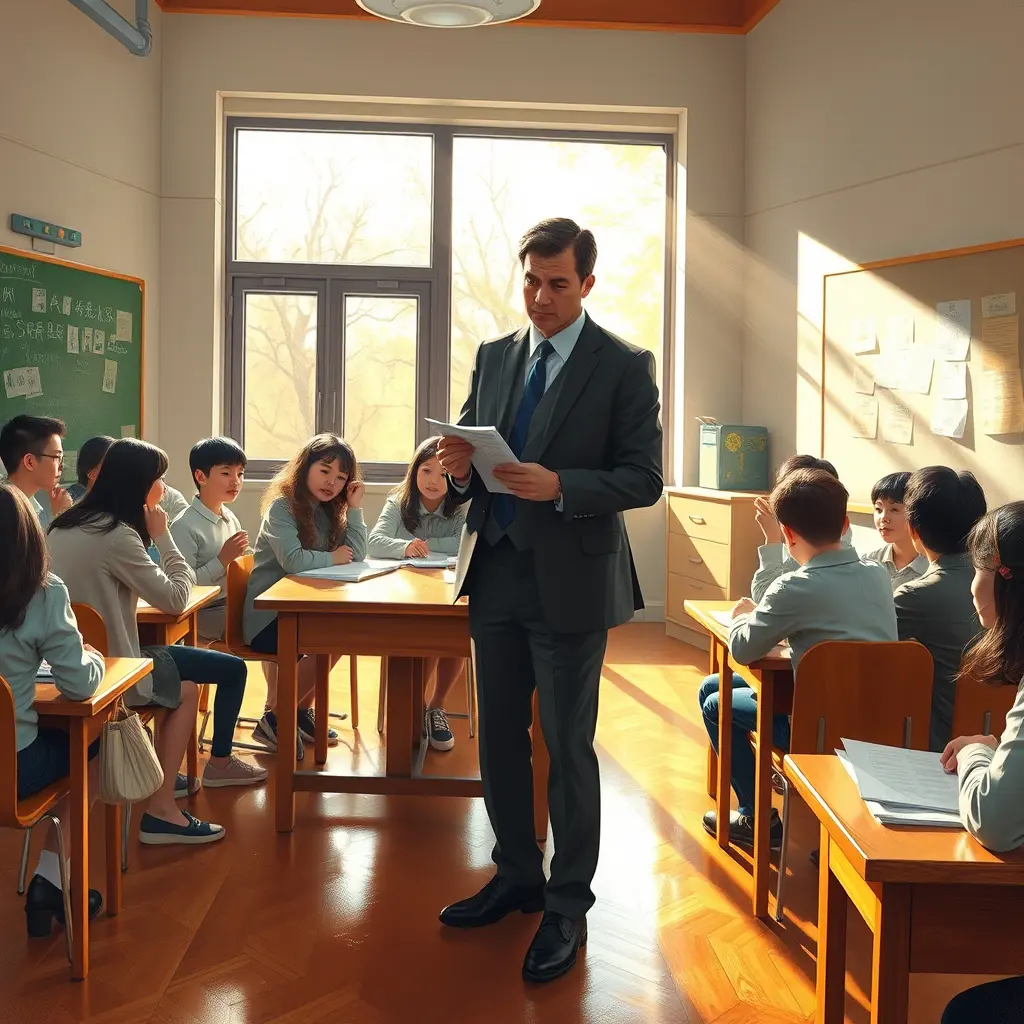 秋高气爽的清晨,教室里熙熙攘攘,学生们围坐在宽大的木桌旁,老师正站在桌前,准备给他们上课。教室里弥漫着新削的铅笔和新印的讲义的香味。老师穿着职业西装,手里拿着一叠试卷,在门口踱来踱去,一脸担忧。老师:比赛快开始了,小云怎么还没来?一个学生举起了手,语气中充满了担忧。老师停顿了一下,把手放在她的肩膀上,安慰道。学生:我刚给她打过电话,她正在路上。另一个学生插话道,试图缓解紧张的气氛。老师:我们别等她了。我先解释一下这次比赛的要求和一些注意事项,老师语气坚定地对全班同学说。阳光透过大大的窗户照进教室,教室里明亮明亮,温暖的金色光芒洒在木地板上,洒在学生们热切的脸上。这一幕以写实的油画风格呈现,烘托出比赛开始前老师准备传达重要指示时,教室里弥漫着的温暖和期待。(视频)镜头缓缓摇摄教室,聚焦于老师充满激情的讲课和学生们兴奋的表情,最后逐渐切换到老师手持写有比赛细节的纸张的特写镜头。