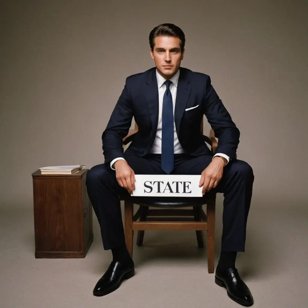 رجل هيبه جالس على كرسي مكتوب على الكرسي الدوله