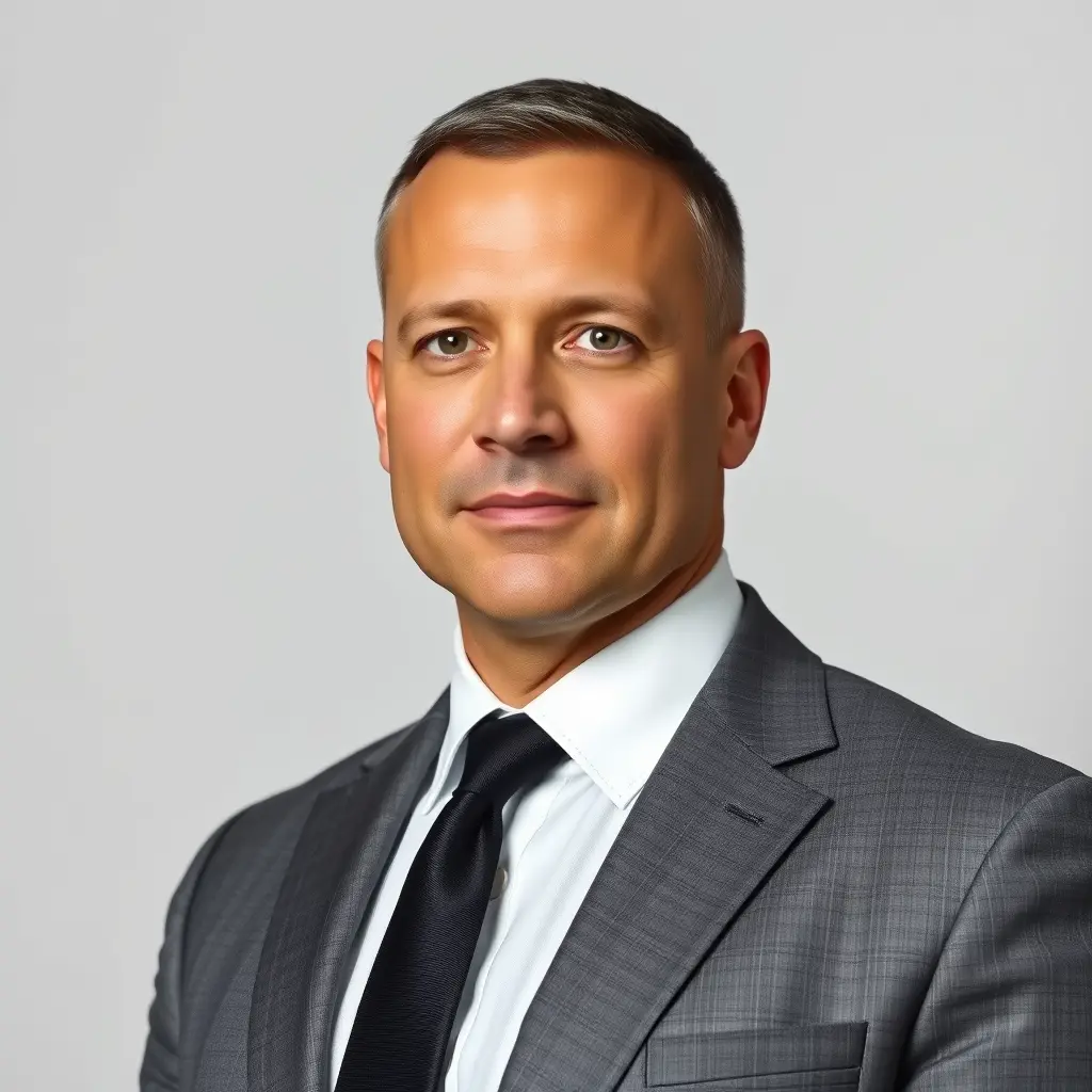 "A realistic portrait of a 45-year-old man with a slightly fuller build, weighing approximately 80 kg. He has short hair, 2 cm in length, and a clean-shaven face with sharp, well-defined features. He is wearing a tailored gray suit, paired with a white dress shirt and a black tie, giving him a sophisticated, elegant appearance. His confident expression and relaxed posture emphasize his professionalism. The lighting is clean and direct, highlighting his facial details and the smooth texture of his suit. The background is soft and neutral, further focusing attention on his commanding presence. The image is photographed with the Canon RF 135 mm f/1.4 L USM camera lens, ensuring photorealistic sharpness and depth of field, capturing every intricate detail of his outfit and face and serious look ."