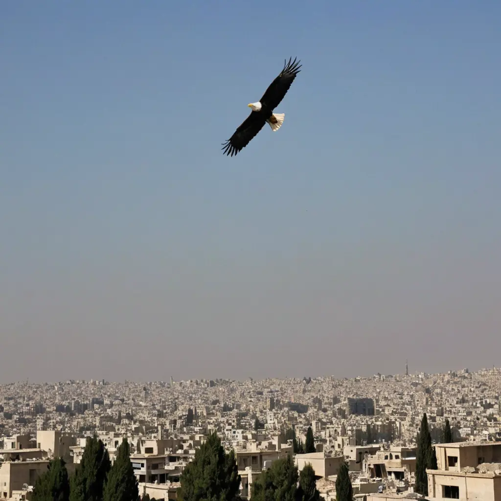 صورة النسر السوري الحر في سماء مدينة دمشق مصحوب بعلم الحرية و الثورة