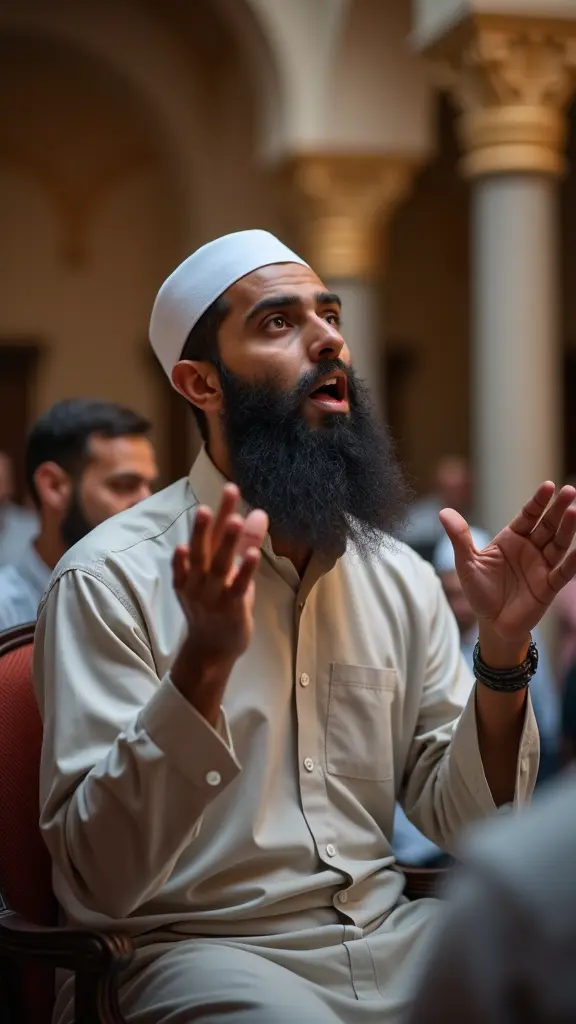 رجل مسلم ملتحي يرفع يديه يدعو إلى الله، يجلس.