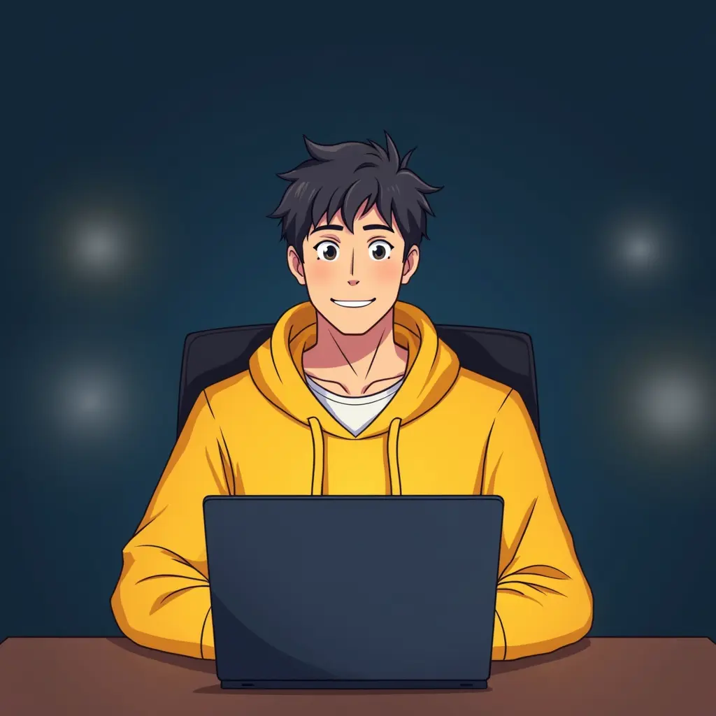 ANIME FRIENDLY LOOKING MALE BUSINESS
CHARACTER WHO IS WEARING A YELLOW HOODIE. HE IS SITTING BEHIND HIS LAPTOP IN HIS OFFICE, ARMS ON HIS DESK. IT IS NIGHT. THE ROOM HAS VOLUMETRIC LIGHTING. HE IS FRONT FACING TO THE CAMERA, LOOKING STRAICHT AND CENTERED, CENTRAL PORTRAIT, SITTING STRAIGHT, FRONT VIEW, CENTERED LOOKING STRAIGHT. THE OVERALL AMBIANCE OF THE IMAGE SHOULD CONVEY A CONNECTION TO MINIMALISM, FLAT ILLUSTRATION, BOLD LINE, MINIMALISM, SIMPLIFIED, GOUACHE ILLUSTRATION. 8K RESOLUTION