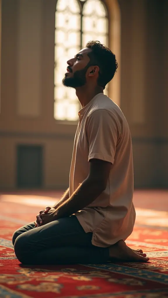 شاب مسلم ساجد في صلاته يدعو الله