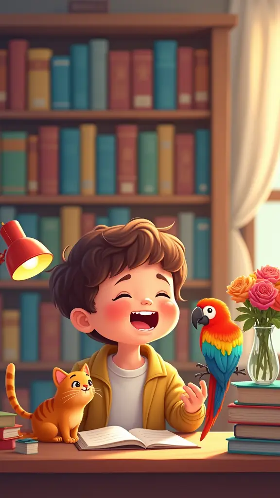 غلاف كتاب كرتوني للأطفال: طفل يضحك على مكتب طرف المكتب. قطة شقية تجلس بجانب الطفل، تمسك كتابًا بين مخالبها وتنظر بفضول. ببغاء ملون بريش أحمر وأزرق وأصفر زاهي يقف على كتف الطفل، منقاره مفتوح كأنه يتحدث. وأباجورة أيضا . في الخلفية مكتبة خشبية كبيرة مليئة بكتب ملونة على رف المكتبة زهرية زجاجية أتحوي باقة ورد متنوعة بألوان زاهية. الجو العام دافئ ومريح، مع ألوان باستيل هادئة تعطي إحساسًا بالراحة والمرح. أسلوب الرسم كرتوني بسيط مع خطوط ناعمة وتفاصيل لطيفة تجذب الأطفال. إضاءة ناعمة تنتشر في الغرفة، مع تركيز خفيف على وجه الطفل المبتهج. التكوين متوازن مع وضع الطفل في المركز والعناصر الأخرى موزعة بشكل متناسق حوله.