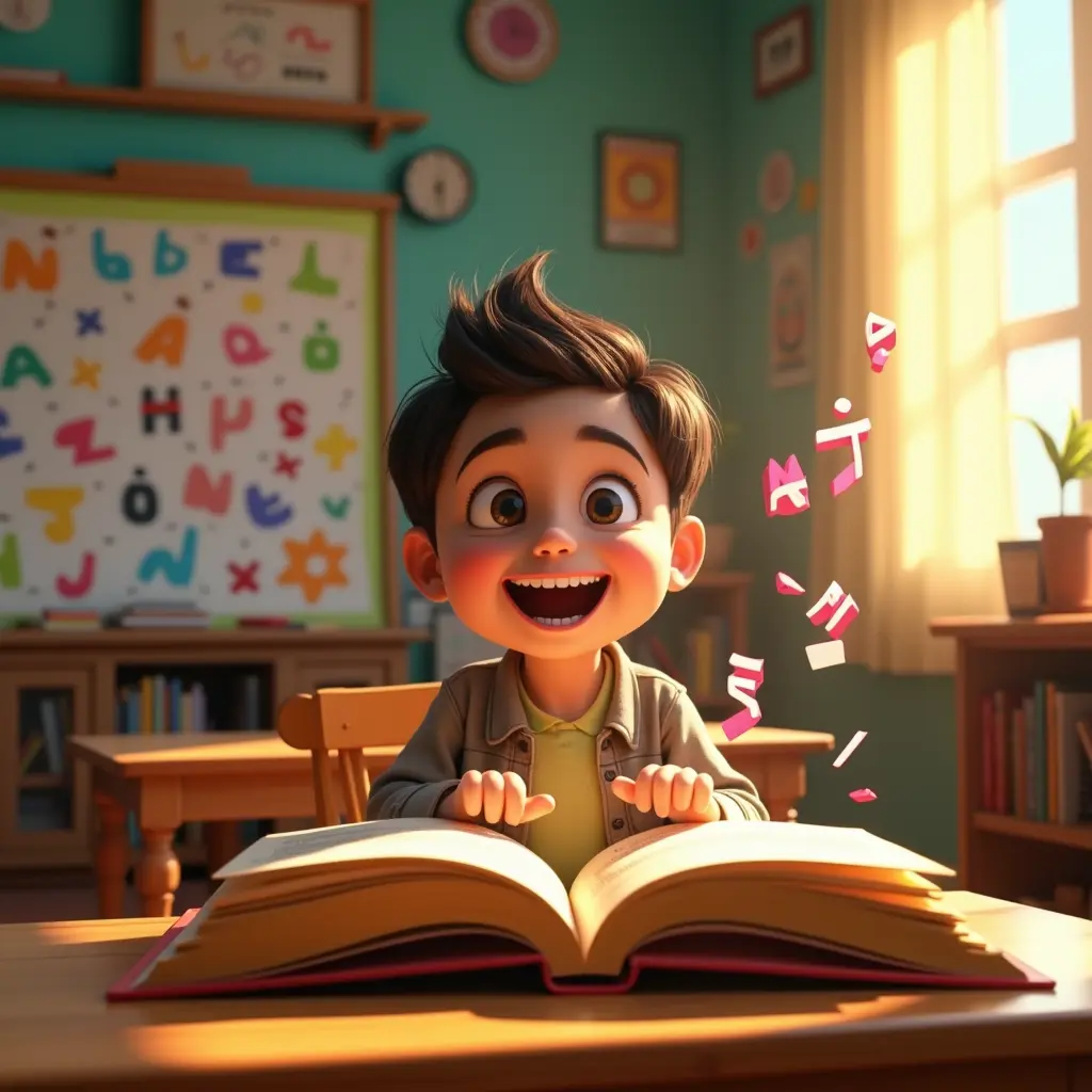 طفلٌ ثلاثي الأبعاد، مستوحى من أفلام بيكسار، يجلس على مكتب خشبي في فصل دراسي ابتدائي، محاطًا بديكورات نابضة بالحياة وخيالية. يغمر الفرح والحماس وجه الطفل بينما تبدو الحروف العربية وكأنها تطفو من الكتاب المفتوح أمامه. خلفه، تقف لوحة ملونة مزينة برسومات مرحة وطفولية للأبجدية العربية. يغمر إضاءة سينمائية درامية الفصل، تُبرز تعبيرات الطفل الحماسية وتفاصيله النابضة بالحياة، مما يخلق مشهدًا دافئًا وجذابًا.