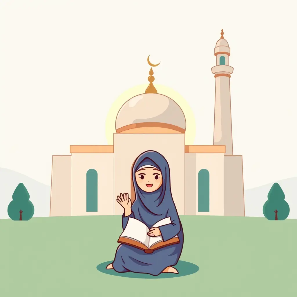 مسجد مبسط بأسلوب كرتوني أنيق ومميز بقبة ناعمة ومئذنة قصيرة، على خلفية سماء صافية. في المقدمة، تجلس طالبة محجبة كرتونية بهدوء، إما تقرأ من مصحف مفتوح أو ترفع يديها بالدعاء. خلف المسجد، ينبعث شعاع ضوء لطيف أو هالة ذهبية، ترمز إلى الصنعة (الإضاءة والهداية). الألوان هي ظلال هادئة وودودة مثل الأزرق السماوي والأخضر الفاتح مع لمسة من الذهب أو الأبيض للضوء. الموضوع العام بسيط ومميز ومليء بالروحانية، مع لمسة إنسانية كرتونية تجعل الأكاديمية ذات صلة ومعبرة عن المعرفة والإيمان في نفس الوقت. الأسلوب: رسم رقمي بخطوط ناعمة وألوان نابضة بالحياة. للفيديو (فيديو): تتحرك الكاميرا ببطء عبر المشهد الهادئ، بدءًا من المسجد الأنيق ذي الطراز الكرتوني بقبته الناعمة ومئذنته القصيرة. محور التركيز طالبة هادئة محجبة، إما تقرأ من مصحف مفتوح أو ترفع يديها بالدعاء، مما يضفي على الصورة شعورًا بالسكينة والروحانية. خلفها، ينبعث شعاع نور رقيق، أو هالة ذهبية، ترمز إلى السَّناء (النور والهداية). الألوان هي الأزرق السماوي والأخضر الفاتح، مع لمسات ناعمة من الذهبي والأبيض. الأسلوب: رسم رقمي متحرك بانتقالات سلسة وألوان نابضة بالحياة.