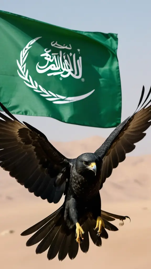 صقر عربي اسود فارد جناحيه ، يحمل علم الهلال السعودي الجديد بمخالبه ويطير به 