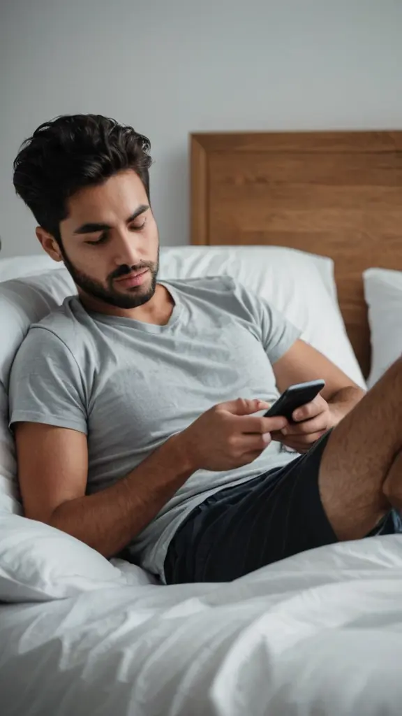 صورة شخص يجلس في السرير ماسك هاتفه