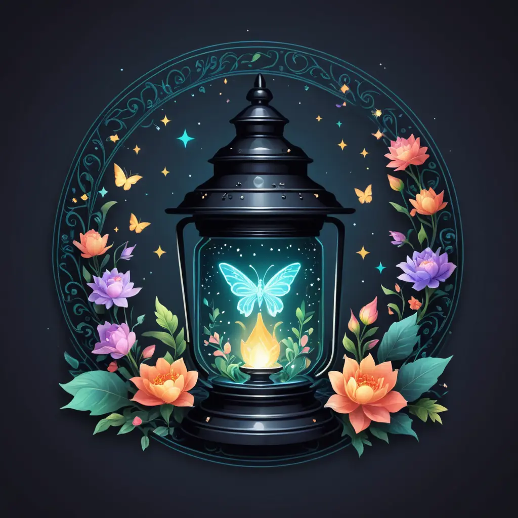 Logo An image of a magic lantern created with artificial intelligence. The lantern should be decorated with magical symbols and floral patterns to create a sense of magic. The inside of the lantern should depict small fairytale elements such as fairies, unicorns or magical symbols to convey the atmosphere of a fairytale world. The colors of the lantern should range from bright and rich to soft and pastel to convey a sense of magic and enchantment.