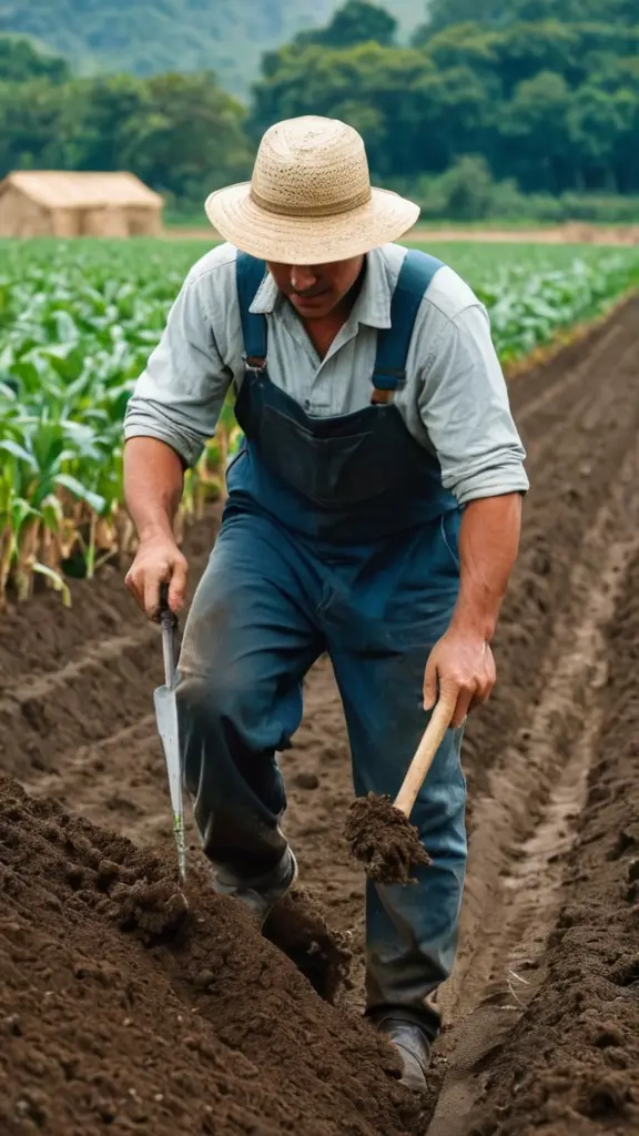 مزارع بسيط يعمل في الحقل: رجل يرتدي ملابس زراعية، يعمل في أرض مليئة بالتراب والنباتات. بجودة عالية
