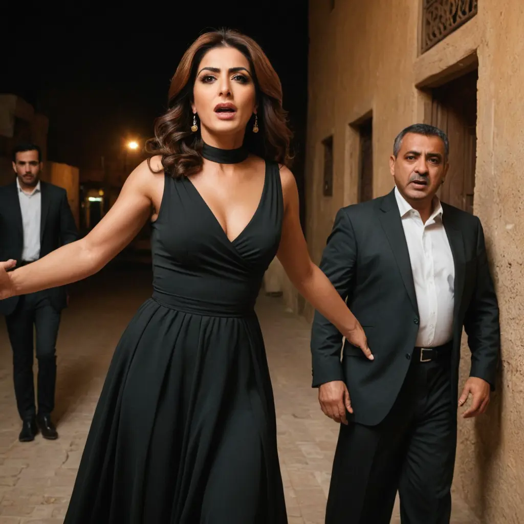 المشهورة شمس الفارس بصورة متسلطة بلباس اسود . تحتها رجل خائف .