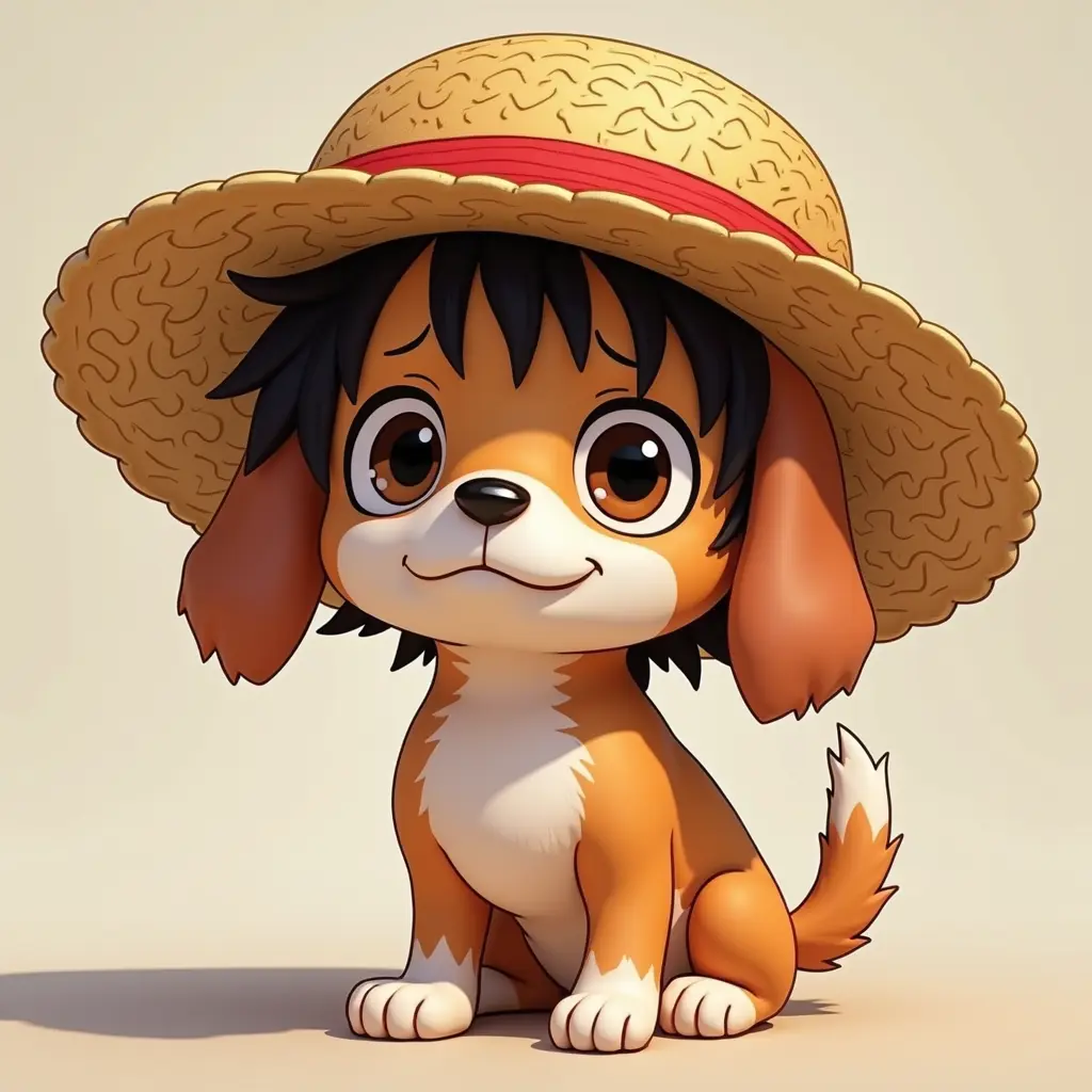 صورة كلب يرتدي قبعة القش الخاصة بلوفي من انمي ون بيس ولدى الكلب نفس شعر لوفي وأريد الصورة على شكل رسم 3d