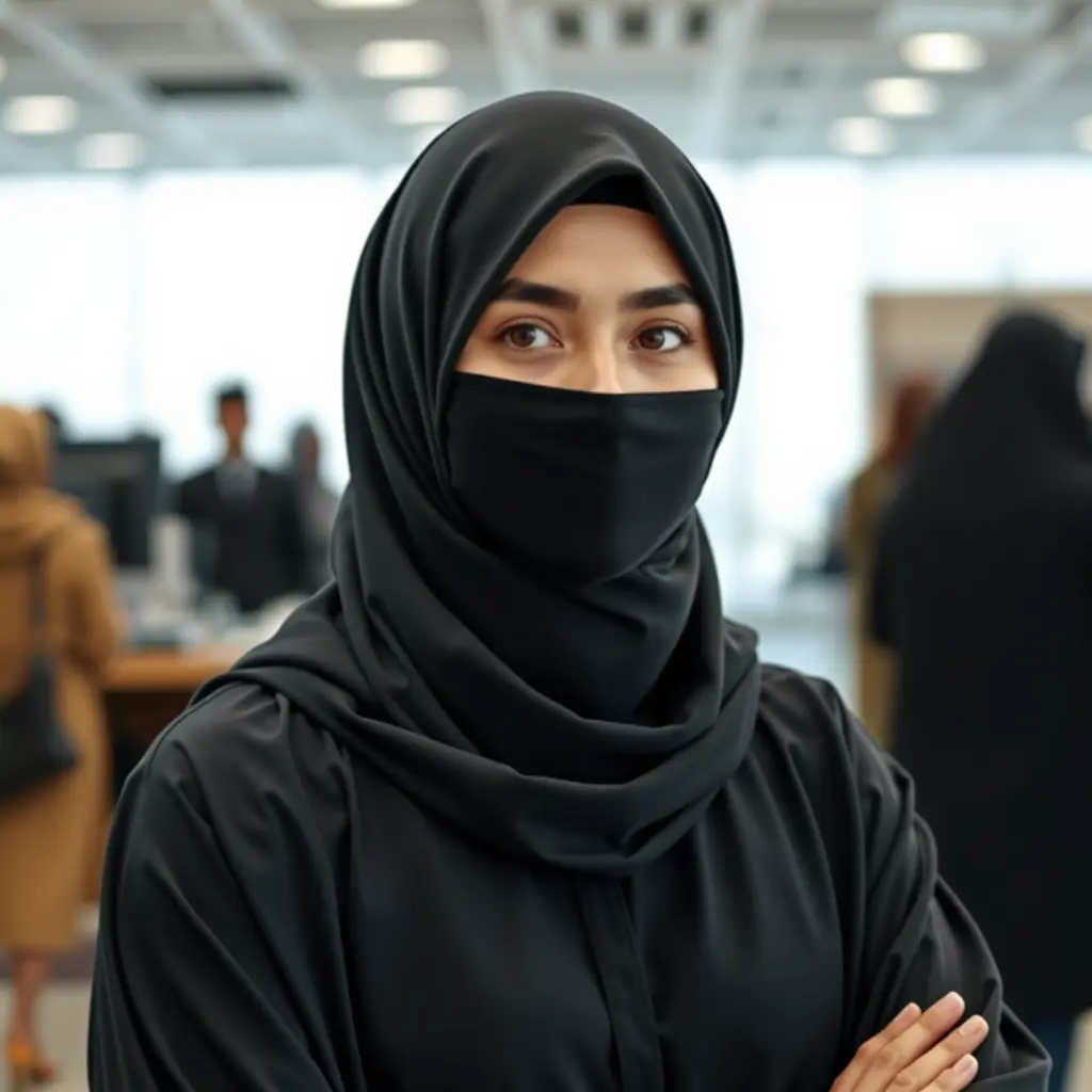 موظفة سعوديه تلبس حجاب اسود وعباءه سوداء ، صوره شخصية خلفيه في شركه، عزل الخلفيه، كاميرا واسعه، اضاءه لينه د، نهار