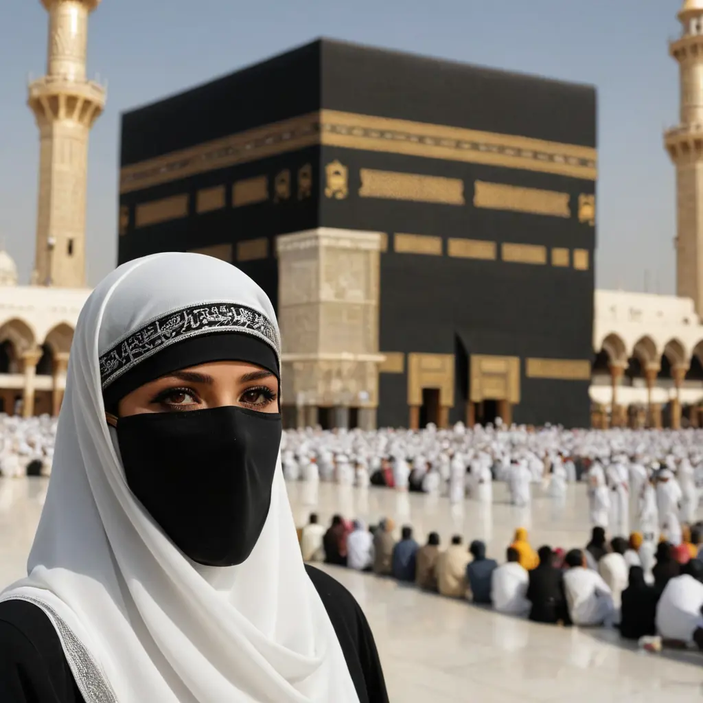 امرأة مخمرة بنقاب شرعي تقف امام الكعبة المشرفة 