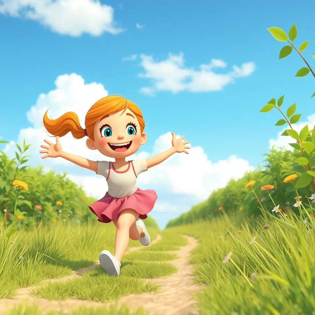 صوره فتاه كبيره كرتون معبره عن أنتي قدها جميله وسعيدة ومبهجه بتجري في الخضرا والسماء زرقاء وعندها حيوية
