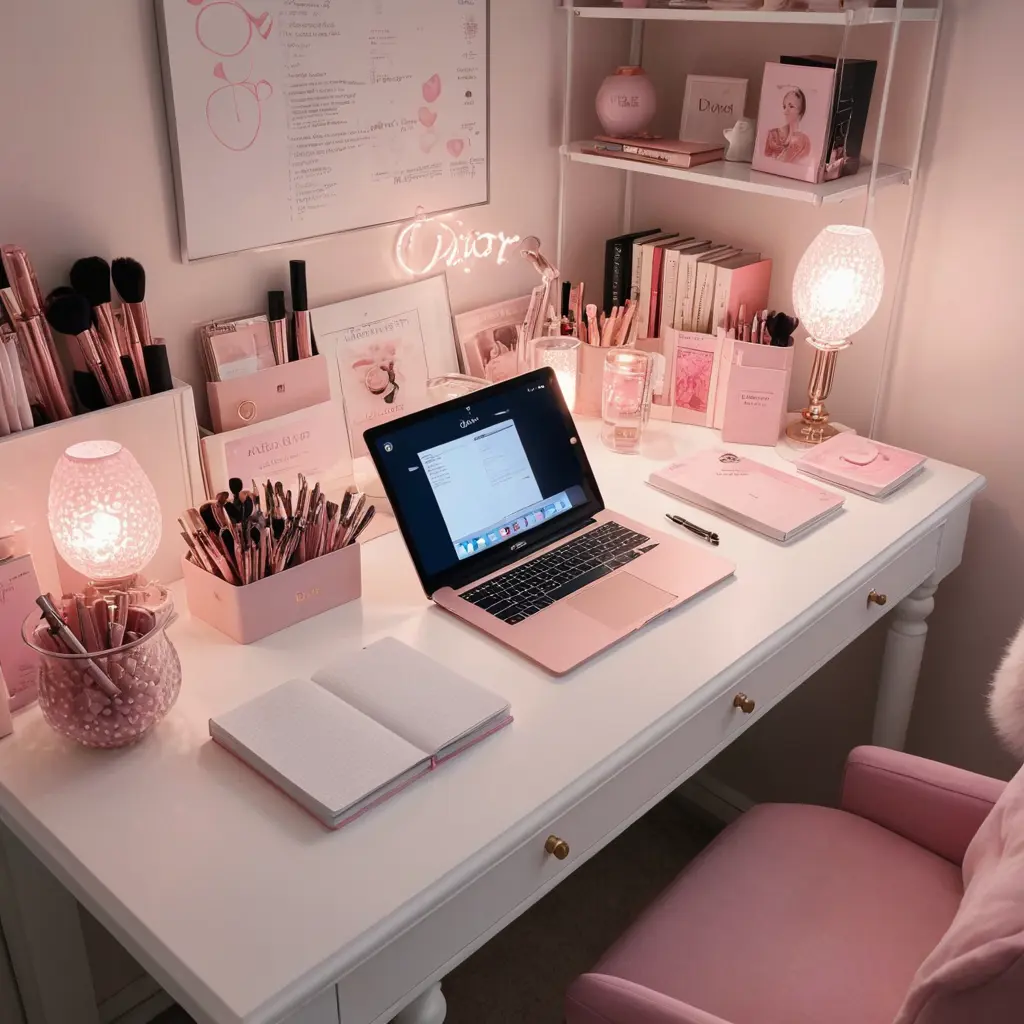 صوره ل مكتب ل الدراسه لفتاه وهناك دفاتر مزخرفه وايباد مفتوح للمذاكره وهناك اقلام والطاوله عليها اضواء وهناك عطر وردي و هناك ابجوره مضيئه جميله والمكتب ورده وهناك رفوف عليها اشياء، مدرسيه وهناك شمعه ورديه مضيئه وهناك عطر ديور ومكياح ديور وفؤش مكياج قليله وهناك بلاشر وردي واضواء بيضاء جميله خفيفه