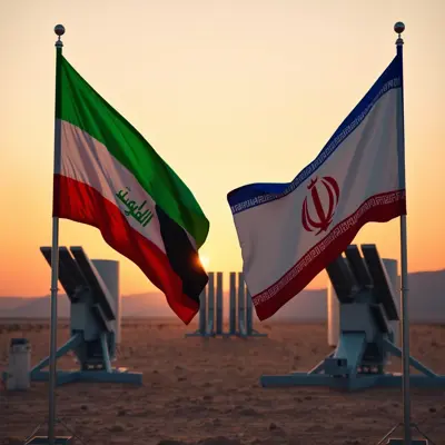في أجواء جيوسياسية متوترة، يُعرض علمان بارزان - يمثلان العراق وإيران - على خلفية من صوامع صواريخ حديثة. العلم العراقي بألوانه الخضراء والحمراء والأسود الزاهية، بينما يتميز العلم الإيراني بالأزرق والأبيض الغامقين. يرفرف العلمان قليلاً مع الريح، مُشكّلين تموجات رقيقة تُضفي على المشهد حيوية. تقف منصات إطلاق الصواريخ حولهما، وتلتقط أسطحها المعدنية المصقولة ضوء الشمس. المشهد عبارة عن مشهد صحراوي مهجور عند الغسق، مع أفق مطلي بدرجات دافئة من البرتقالي والوردي. تتميز الصورة بجودة درامية صارخة، تُجسّد الفخر الوطني والصراع الكامن، مُصممة كلوحة رقمية مؤثرة.