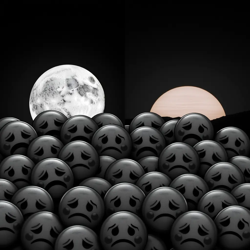 الكثير من ايموجي حزين لون اسود وأبيض ومن هم يضحك ومن هم مكتأب وخلفهم قمر ومن جهة ثانية غروب الشمس