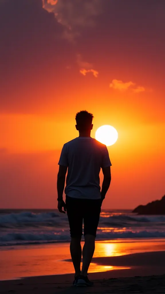 ظل رجل أمام غروب الشمس، سماء خلابة، تصوير بزاوية واسعة، تباين قوي، ألوان برتقالية وأرجوانية زاهية، على الشاطئ