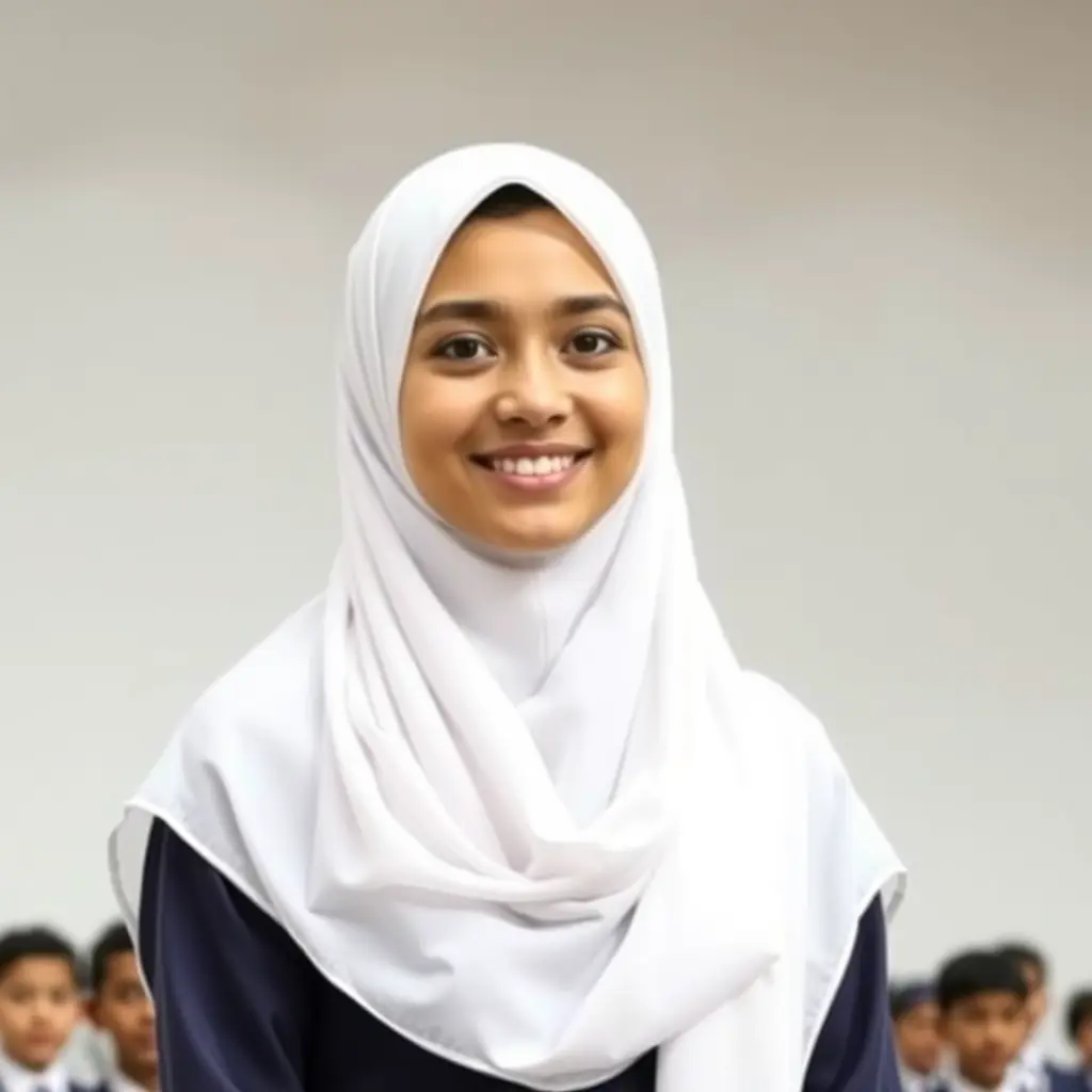 صورة طالبة مدرسة الثانوية كويتية تلبس حجاب أبيض وتلبس ملابس مدرسية بلون ازرق غامق وقميص أبيض مبتسمة وجميلة وتقف لوحدها أمام الجمهور وخلفها جدار ابيض