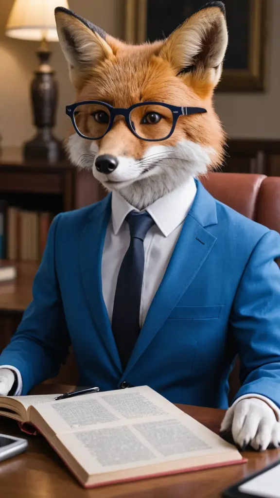 ثعلب بجسد انسان يرتدى بدلة زرقاء ويلبس نظارة ويحمل كتاب يجلس على مكتب وامامه تابلت