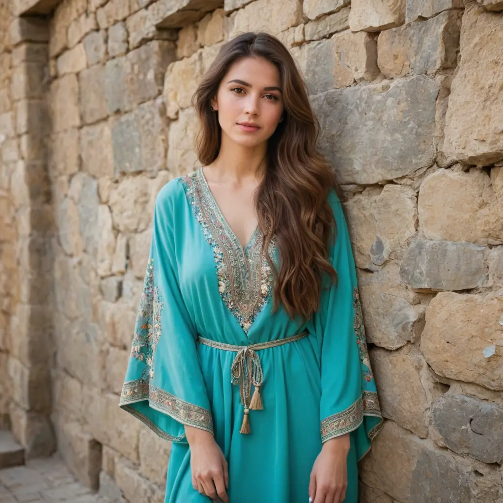 شابة عشرينية بشعر طويل ،ترتدي قفطان ، وفي الخلفية حائط