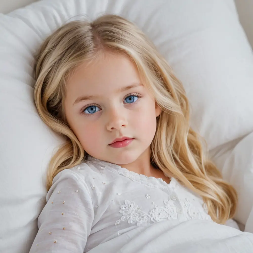 صوره طفله صغيره جميله نائمه. علي سرير ابيض زات عينان زرقوان و شعر اشقر