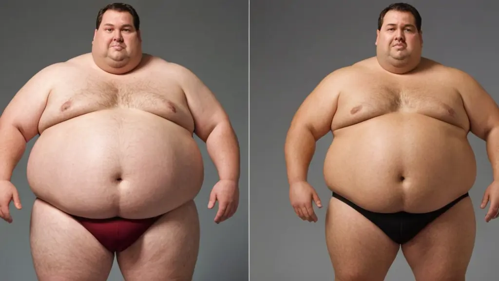 صورة كرتون رجل سمين جسمه محزز وبجواره نفس صورته وهو رجل رفيع