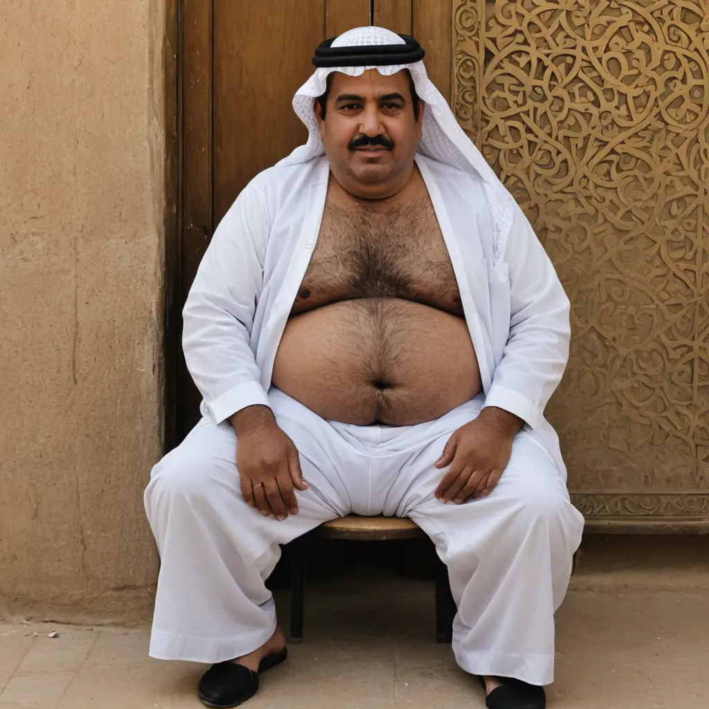 رجل سمين خمسيني سعودي لابس كلسون وقاعد
