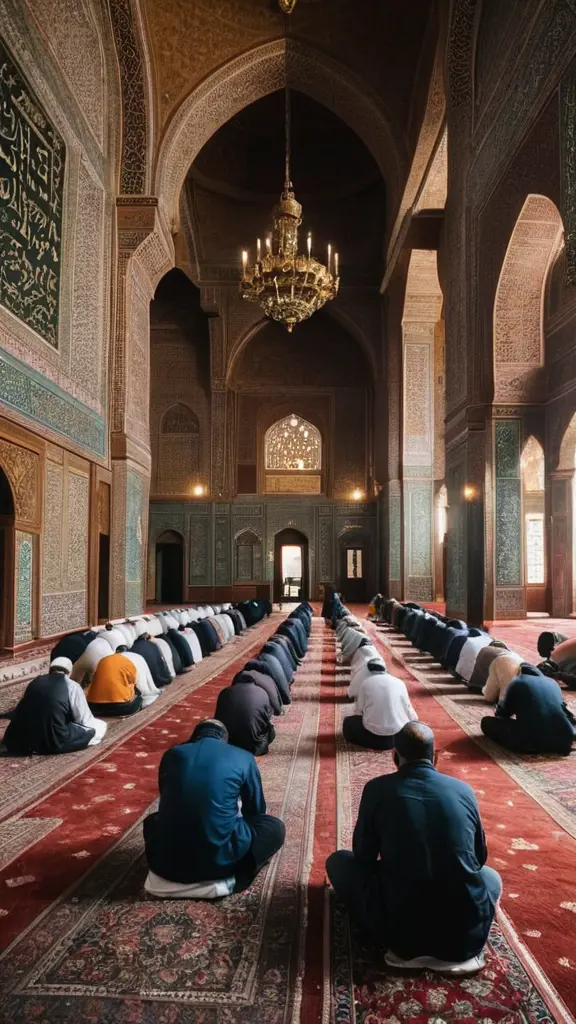 مسجد من الداخل وفي مسلمون يصلون وامام وسجاد مزخرف