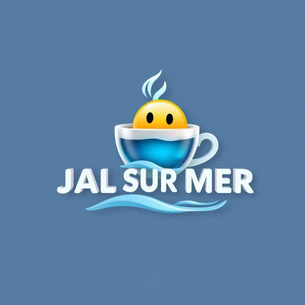 Generate a detailed futuristic style logo in 3d for a company named 'JAL SUR MER'  in the restaurant field. The logo should prominently feature Emoji sea and coffee cup which uses cold colors palette.