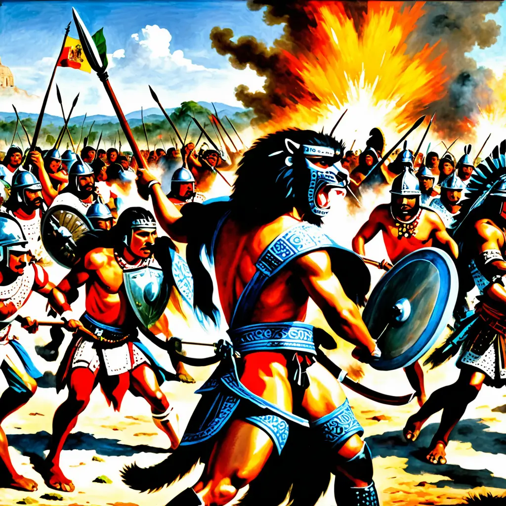 Pintura al óleo de una batalla entre indígenas aztecas y conquistadores españoles en México en 1521. Los aztecas llevan máscaras de leopardos y panteras, y están armados con lanzas, arcos y flechas. Ampliar el espacio del cielo. Proporcion 2:3