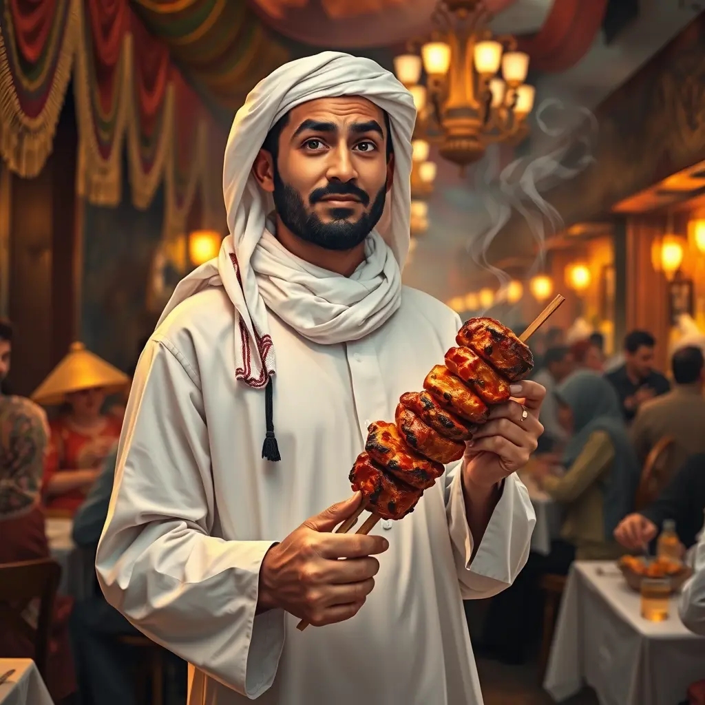 رجل يرتدي الغترة التقليدية (محرمة بيضاء) والعقال (الحبل الأسود الذي يثبت الحجاب)، يقف بثقة في مطعم شرق أوسطي صاخب. يرتدي ثوبًا أبيض هشًا (رداء)، ويحمل سيخًا ساخنًا من الكباب العصير. تتألق عيناه بترقب وهو يستعد لأخذ قضمة، محاطًا بالروائح الغنية والأضواء الدافئة للمطعم. يلتقط المشهد الأجواء النابضة بالحياة في منطقة تناول الطعام النابضة بالحياة، مع زبائن يستمتعون بوجباتهم في الخلفية. تم تقديم هذه الصورة بأسلوب الرسم الرقمي، وتسلط الضوء على تفاصيل ملابسه والكباب الشهية. (فيديو) تقترب الكاميرا من الرجل وهو يحمل السيخ، ملتقطة تعبيره عن الترقب الشديد. يتحول الإضاءة لتسليط الضوء على اللحم المتوهج تحت أضواء المطعم الدافئة والناعمة. يتبعه تسلسل الحركة البطيئة وهو يأخذ قضمة، مؤكدًا على اللحظة المرضية للاستمتاع بطعامه. تم تصوير الفيديو على خلفية مطعم شرق أوسطي نموذجي، مليء بالأقمشة والألوان الغنية، مما ينقل المشاهدين إلى قلب تجربة تناول الطعام.