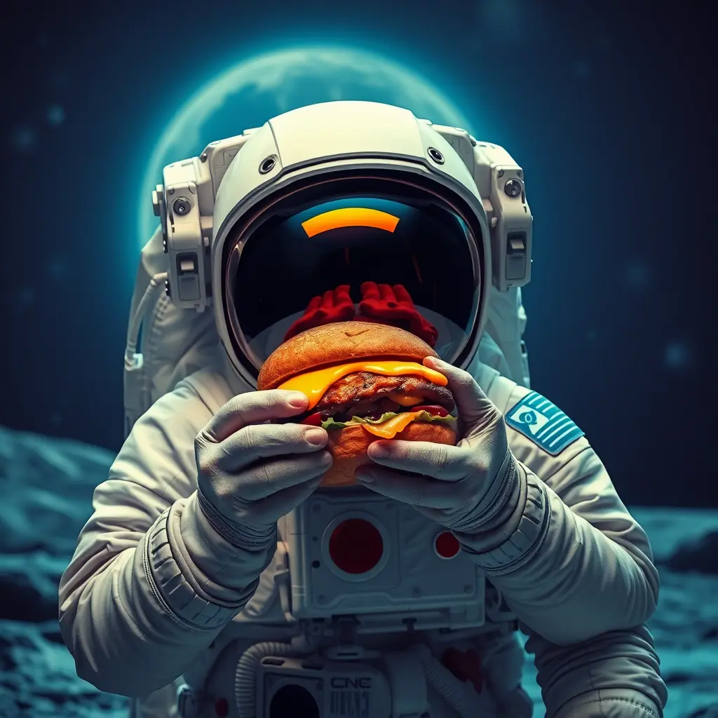 صورة رائد فضاء ياكل برجر على القمر مع أجواء ليلية مضيئة بالالوان الفسفورية